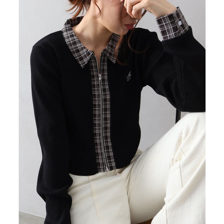 布帛チェック切替ダブルジップカーディガン | SpRay | 詳細画像13 