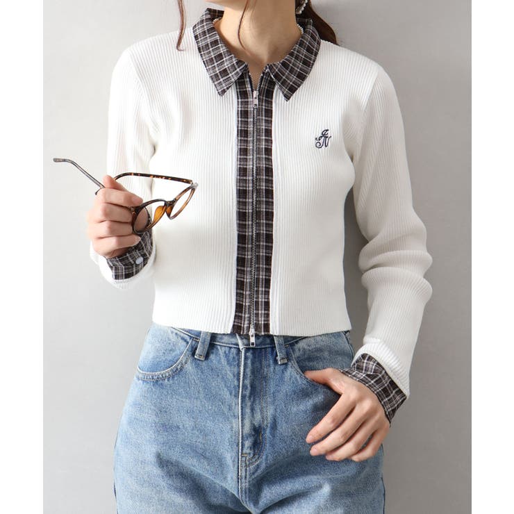 布帛チェック切替ダブルジップカーディガン | SpRay | 詳細画像14 