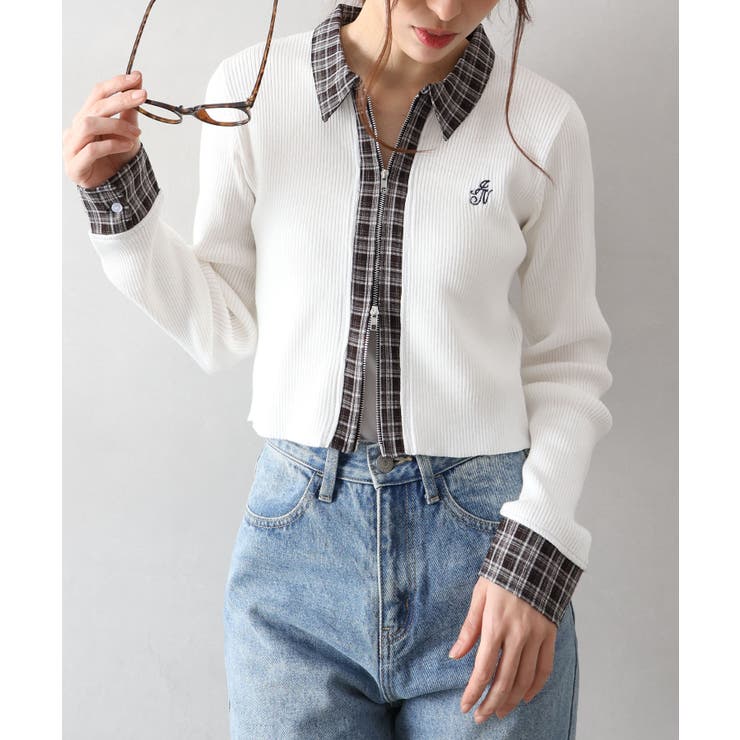 布帛チェック切替ダブルジップカーディガン | SpRay | 詳細画像15 