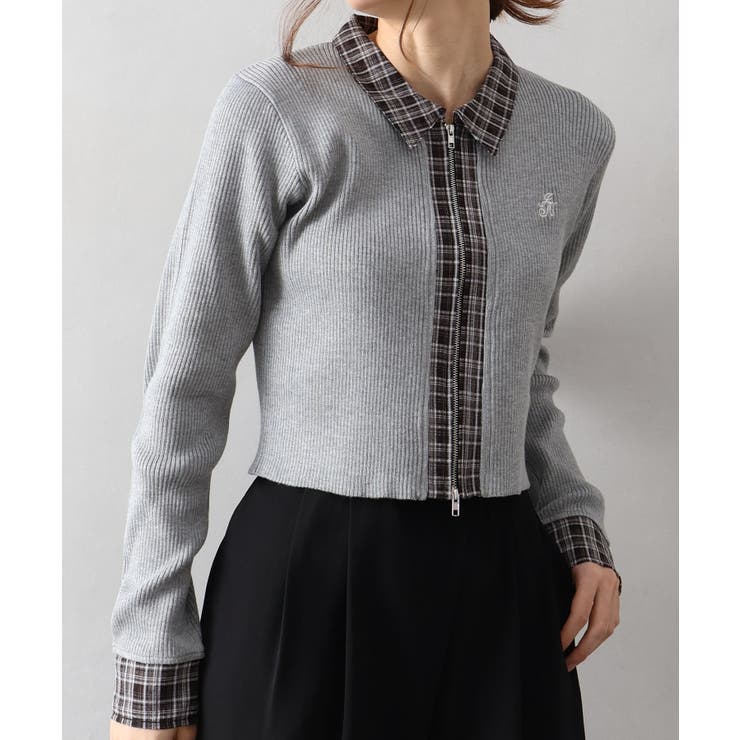 グレー | 布帛チェック切替ダブルジップカーディガン | SpRay