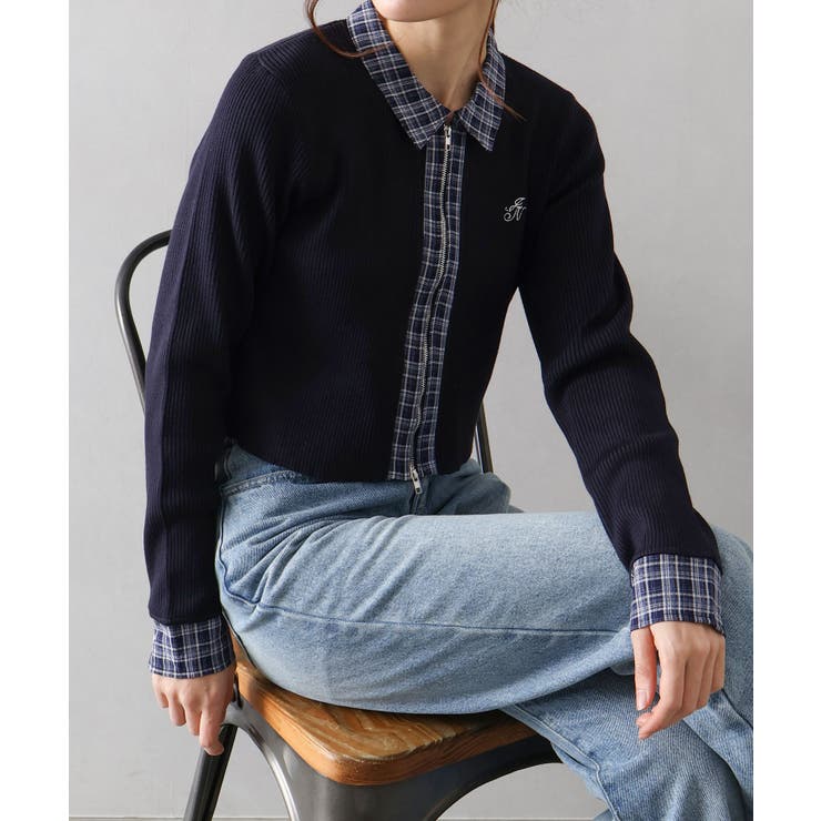 ネイビー | 布帛チェック切替ダブルジップカーディガン | SpRay