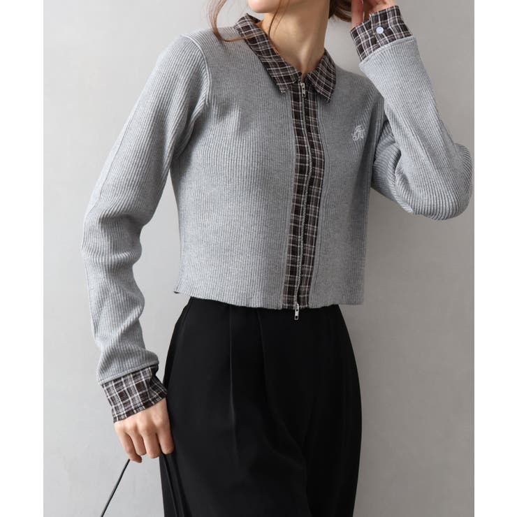 布帛チェック切替ダブルジップカーディガン | SpRay | 詳細画像2 