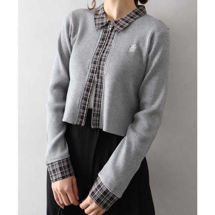 布帛チェック切替ダブルジップカーディガン | SpRay | 詳細画像6 