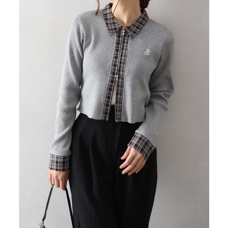 布帛チェック切替ダブルジップカーディガン | SpRay | 詳細画像7 