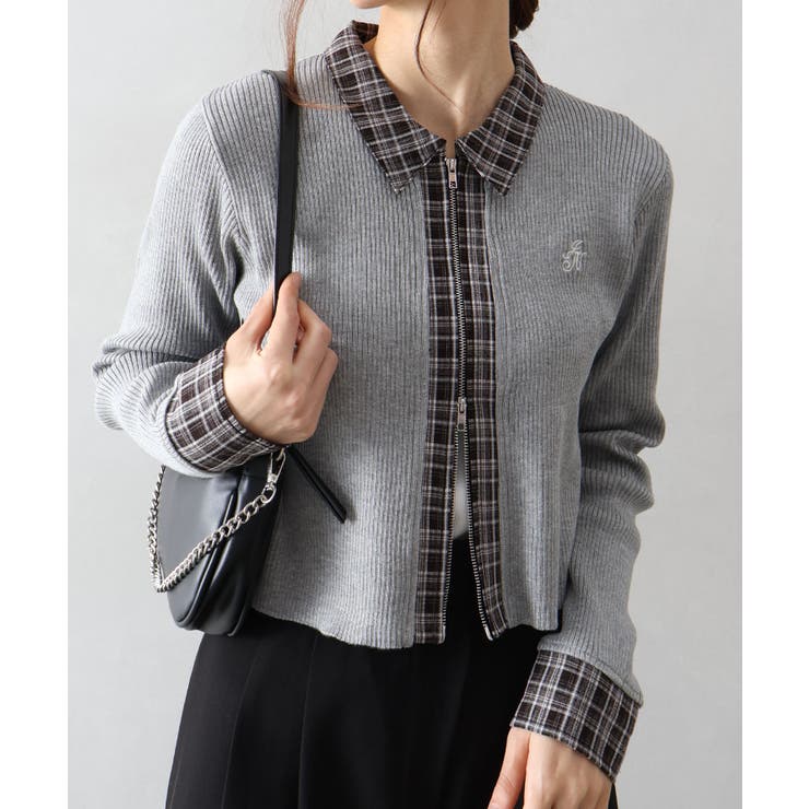 布帛チェック切替ダブルジップカーディガン | SpRay | 詳細画像8 