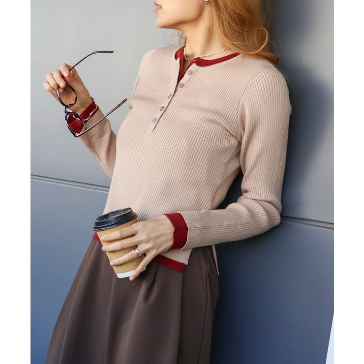 ベージュ | リブ配色フェイクレイヤード | SpRay