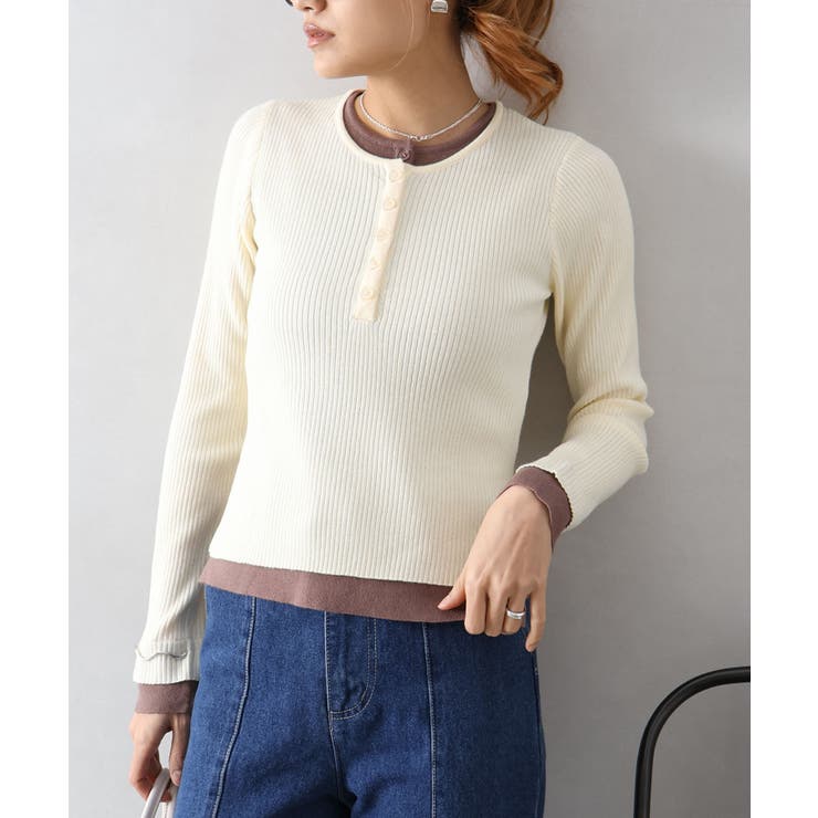 アイボリー | リブ配色フェイクレイヤード | SpRay