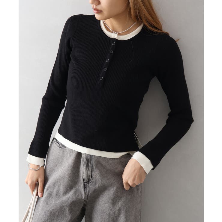 ブラック | リブ配色フェイクレイヤード | SpRay