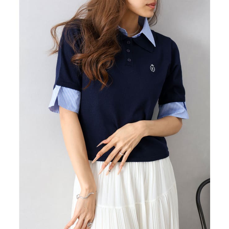 ネイビー | 布帛切替ショートスリーブレイヤードポロ | SpRay