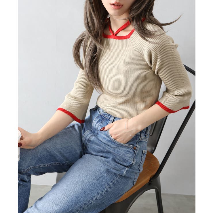 ベージュ | 配色チョーカー付七分ニット | SpRay