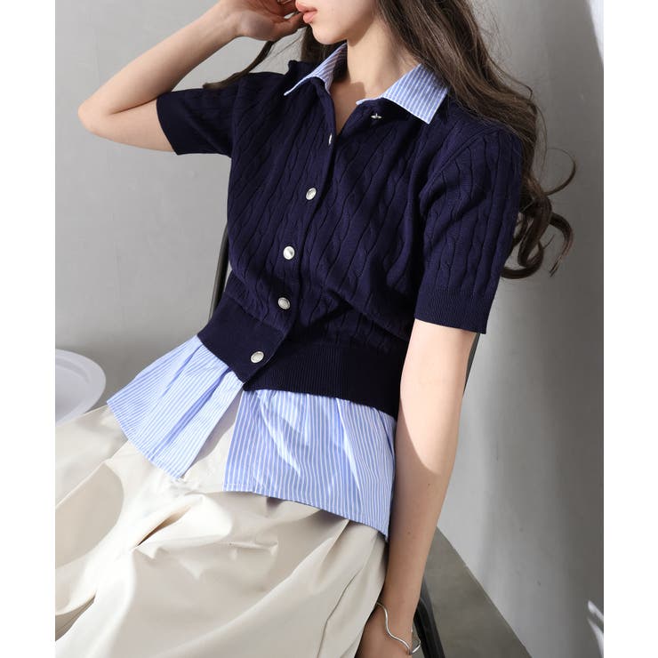 ネイビー | ケーブルドッキングショートスリーブカーディガン | SpRay