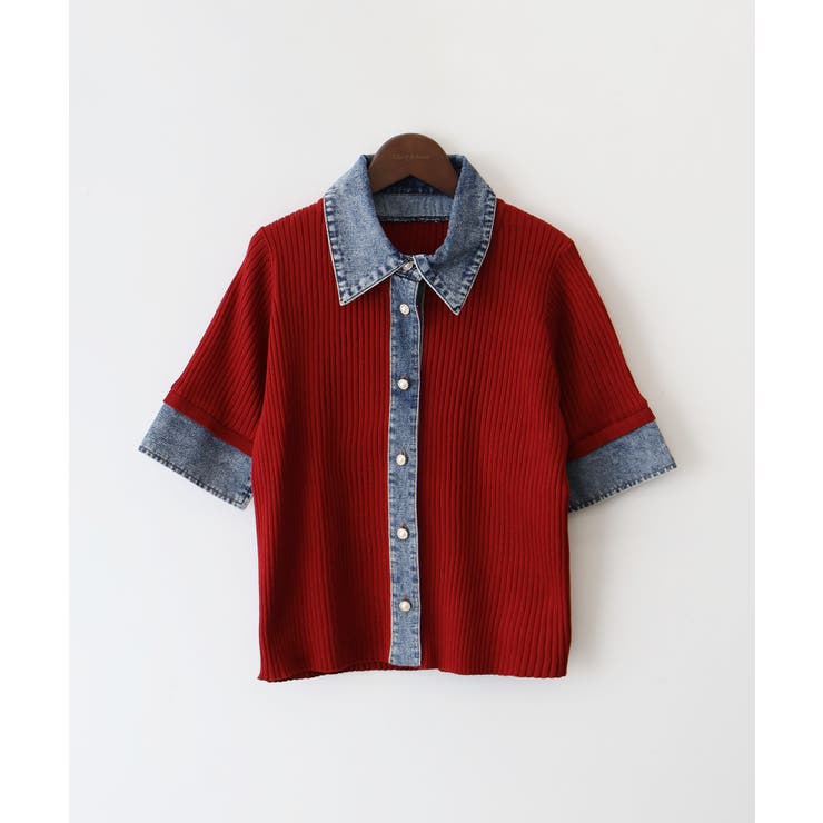 ボルドー | デニム切替ショートスリーブカーディガン | SpRay