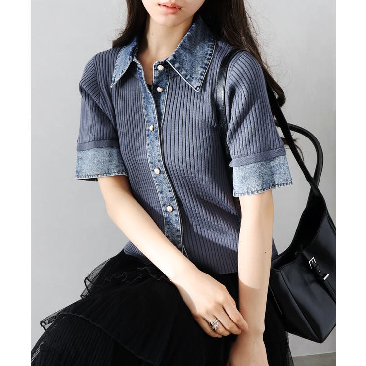 チャコールグレー | デニム切替ショートスリーブカーディガン | SpRay