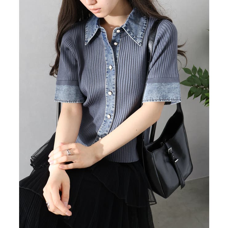 デニム切替ショートスリーブカーディガン | SpRay | 詳細画像3 