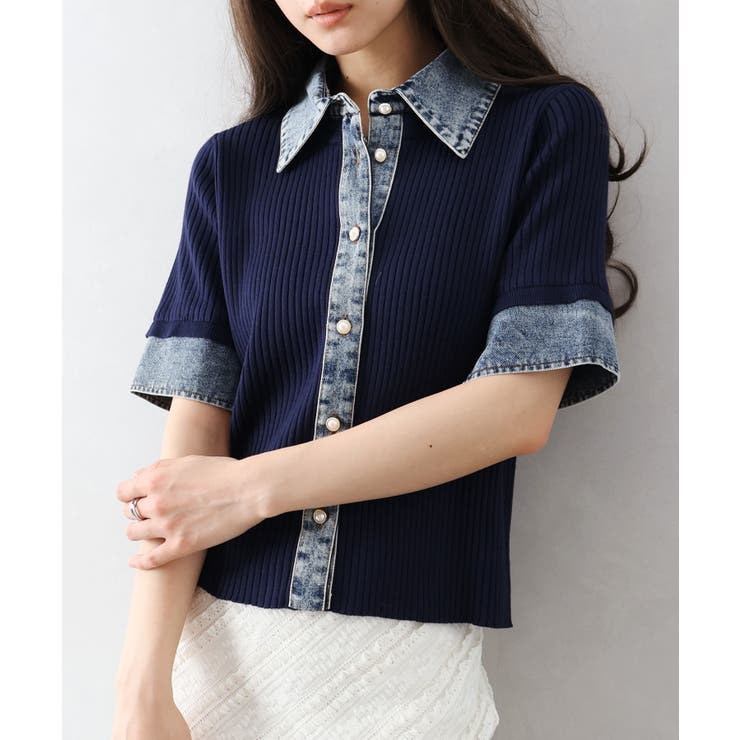 ネイビー | デニム切替ショートスリーブカーディガン | SpRay