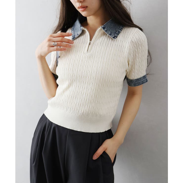 デニム切替ケーブルハーフジップショートスリーブ | SpRay | 詳細画像15 