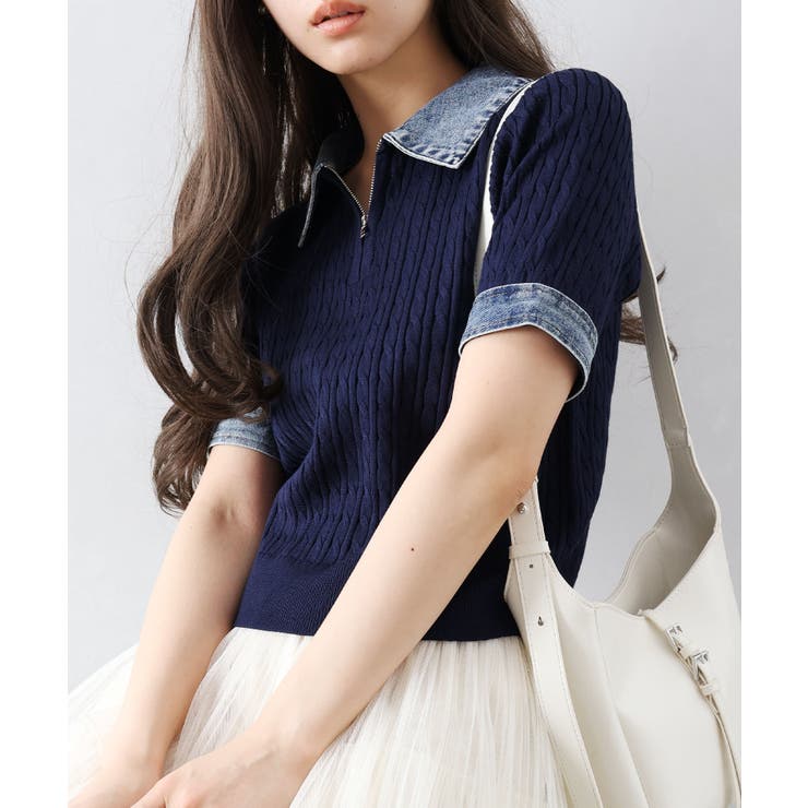 ネイビー | デニム切替ケーブルハーフジップショートスリーブ | SpRay