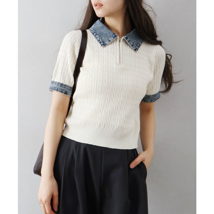 デニム切替ケーブルハーフジップショートスリーブ | SpRay | 詳細画像18 