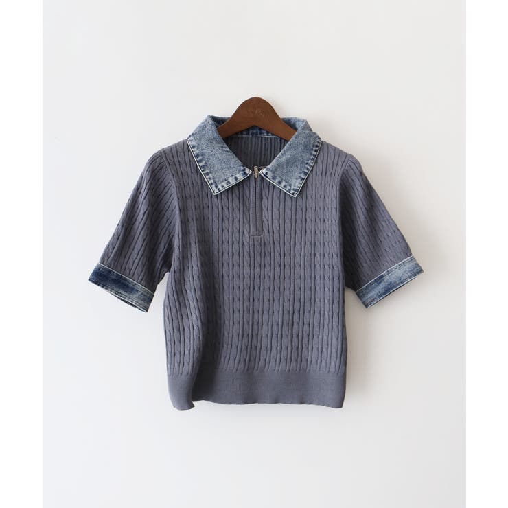 チャコールグレー | デニム切替ケーブルハーフジップショートスリーブ | SpRay