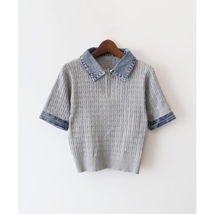 グレー | デニム切替ケーブルハーフジップショートスリーブ | SpRay