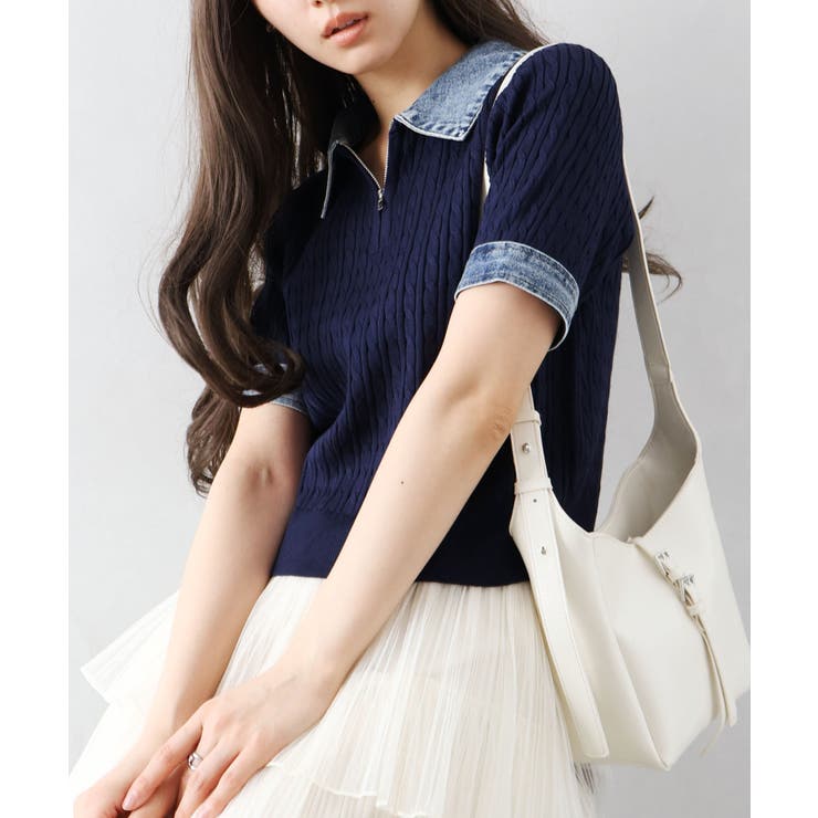 デニム切替ケーブルハーフジップショートスリーブ | SpRay | 詳細画像2 