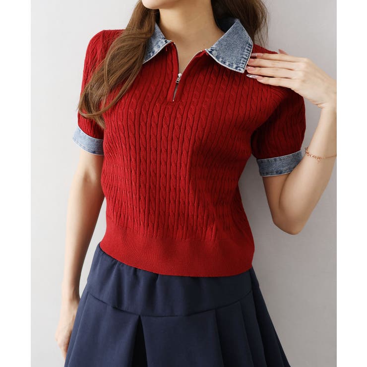 デニム切替ケーブルハーフジップショートスリーブ | SpRay | 詳細画像29 