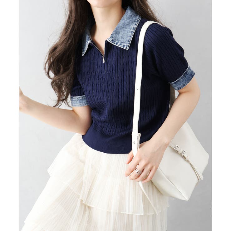 デニム切替ケーブルハーフジップショートスリーブ | SpRay | 詳細画像5 