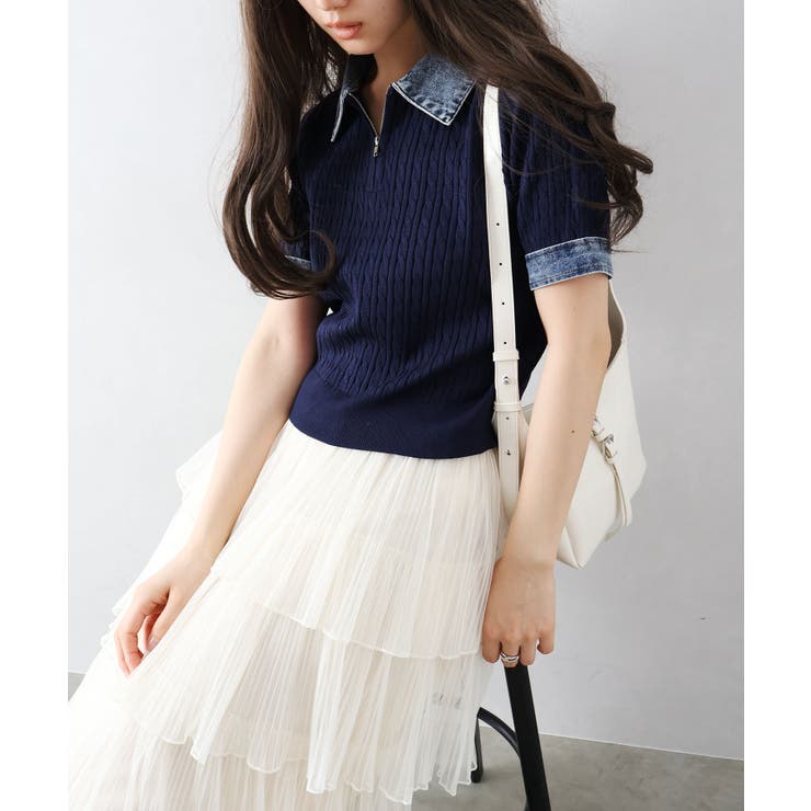 デニム切替ケーブルハーフジップショートスリーブ | SpRay | 詳細画像8 