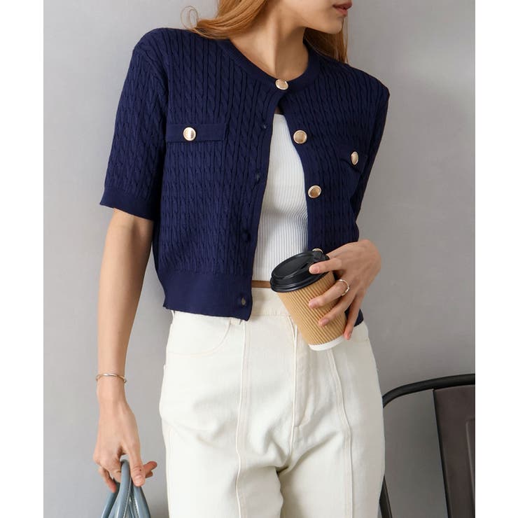 ケーブルメタルボタンショートスリーブカーディガン | SpRay | 詳細画像14 