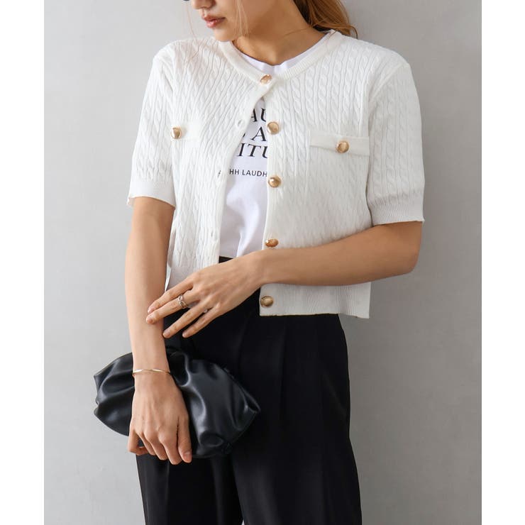 オフホワイト | ケーブルメタルボタンショートスリーブカーディガン | SpRay