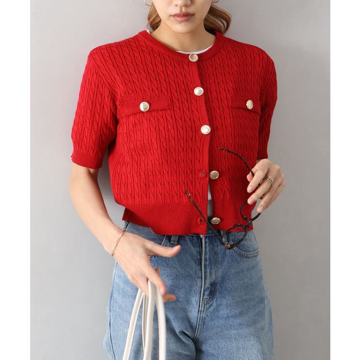 レッド | ケーブルメタルボタンショートスリーブカーディガン | SpRay
