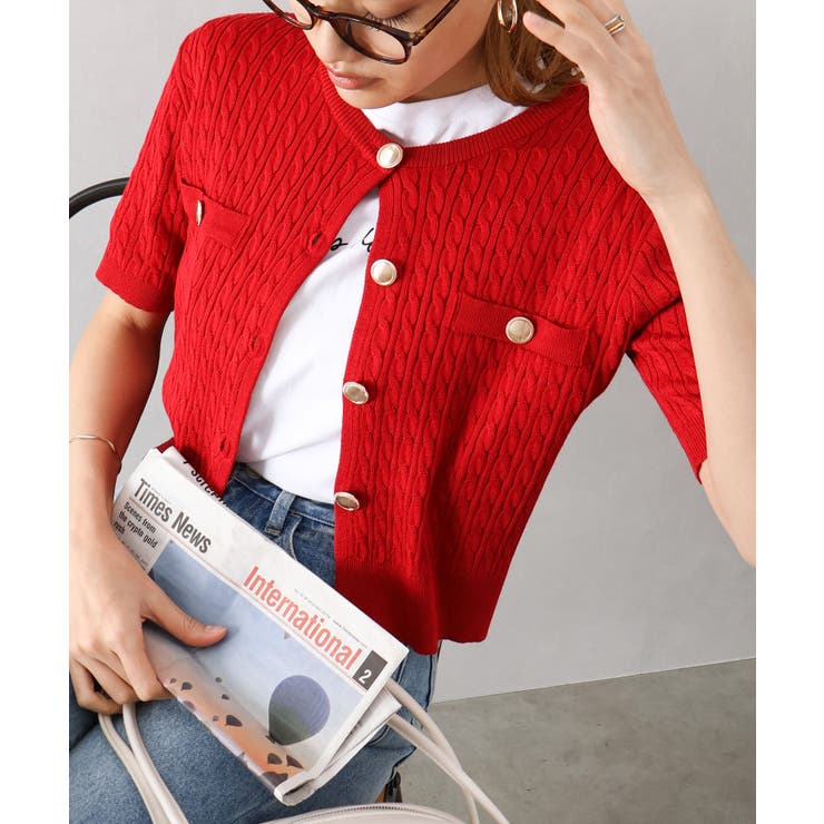 ケーブルメタルボタンショートスリーブカーディガン | SpRay | 詳細画像28 