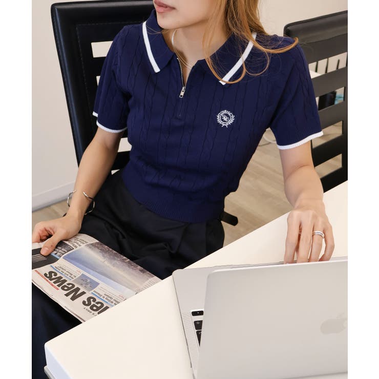 ネイビー | ケーブルハーフＺＩＰショートスリーブポロ | SpRay