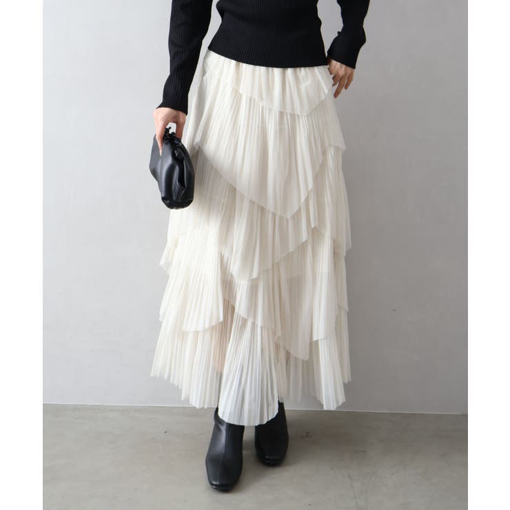 アイボリー | チュールプリーツフリルアシメロングスカート | SpRay