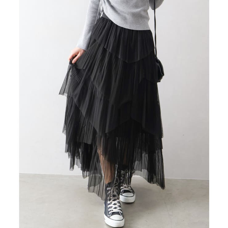 ブラック | チュールプリーツフリルアシメロングスカート | SpRay