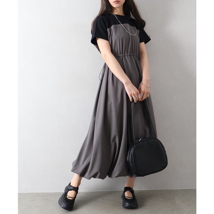 チャコールグレー/ブラック | ドッキングショートスリーブバルーンワンピース | SpRay