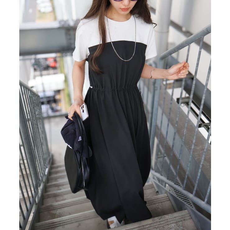 ホワイト×ブラック | ドッキングショートスリーブバルーンワンピース | SpRay