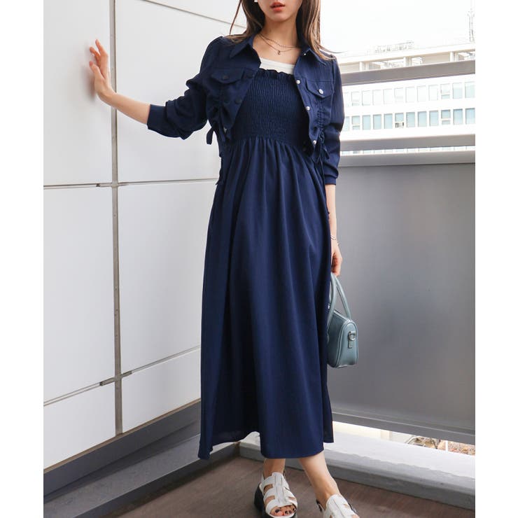 ネイビー | シャーリングジャケット×キャミワンピース | SpRay