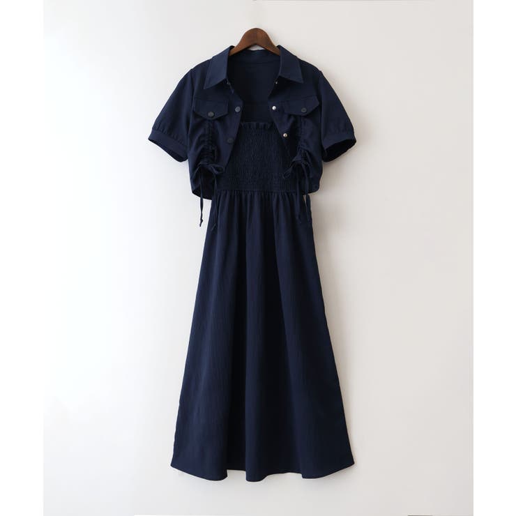 ネイビー | シャーリングショートスリーブジャケットxキャミワンピース | SpRay
