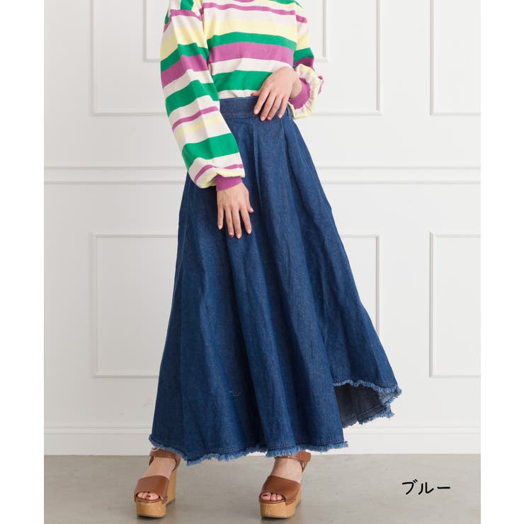 WEB限定】裾フリンジデニムフレアスカート[品番：SPRW0003650