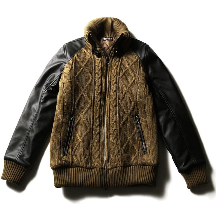 大切な人へのギフト探し ケーブルニット×PUレザー スタジャン風[品番 ドンキー襟 ジャケット・アウター