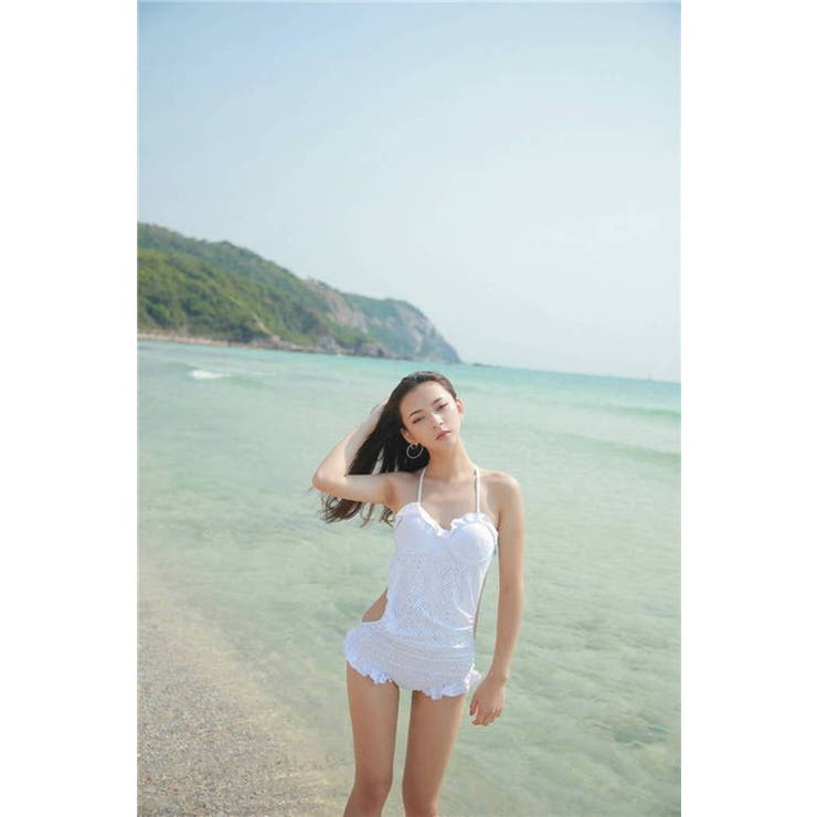 【フェミニンレース2枚仕立てワンピーススイムウエアー ホワイト】 2018 | StarFire | 詳細画像4 