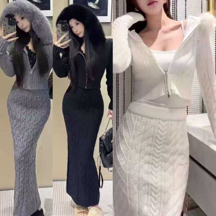 ファー付きフードパーカー スリットロングスカート ニットセットアップ | STRIP CABARET  | 詳細画像1 