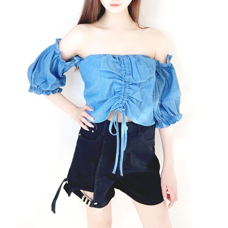 ブルー | ダンガリートップス オフショルトップス 肩開きトップス | STRIP CABARET 