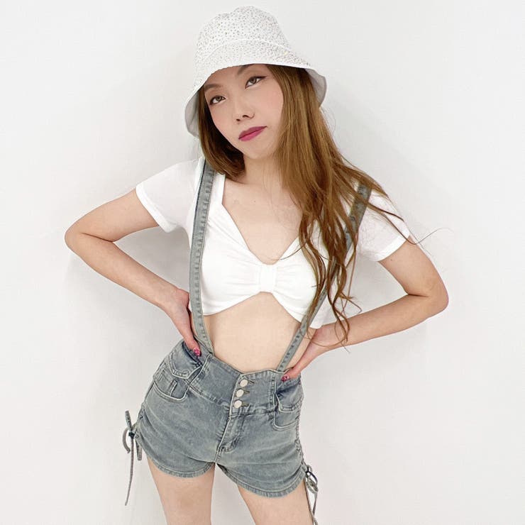 サスペンダー付きデニムショートパンツ サロペット サスペンダー付きデニムショートパンツ サロペット