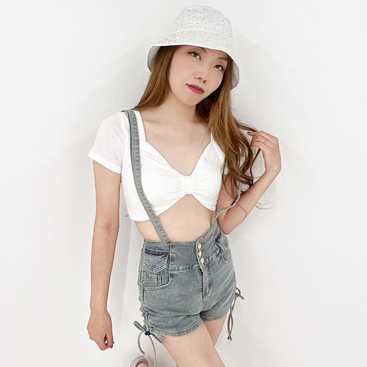 サスペンダー付きデニムショートパンツ サロペット