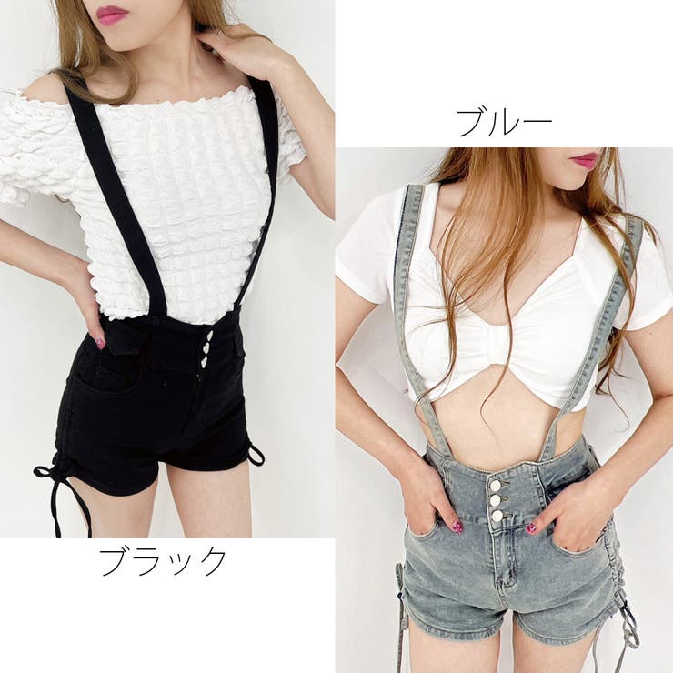 サスペンダー付きデニムショートパンツ サロペット サスペンダー付きデニムショートパンツ サロペット