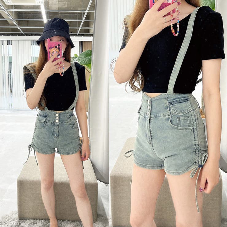 サスペンダー付きデニムショートパンツ サロペット オールインワン
