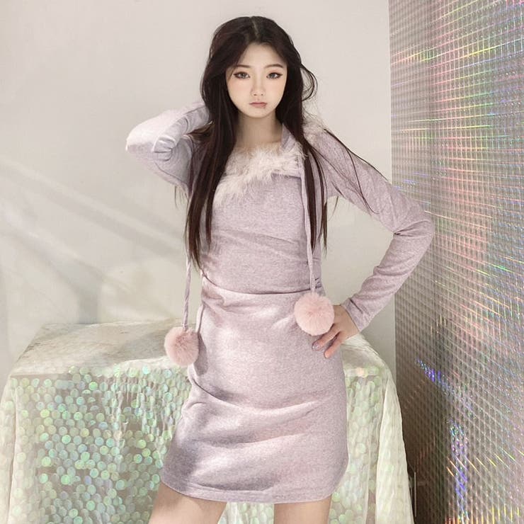 パープル | ニットワンピース パーカーワンピース ポンポン付き | STRIP CABARET 