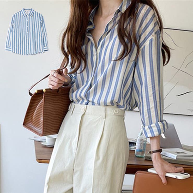 k3&co.◆長袖ブラウス/--/コットン/BLU/ストライプ/K32231011// フロントタック ストライプブラウス 長袖 レディース(M グレー